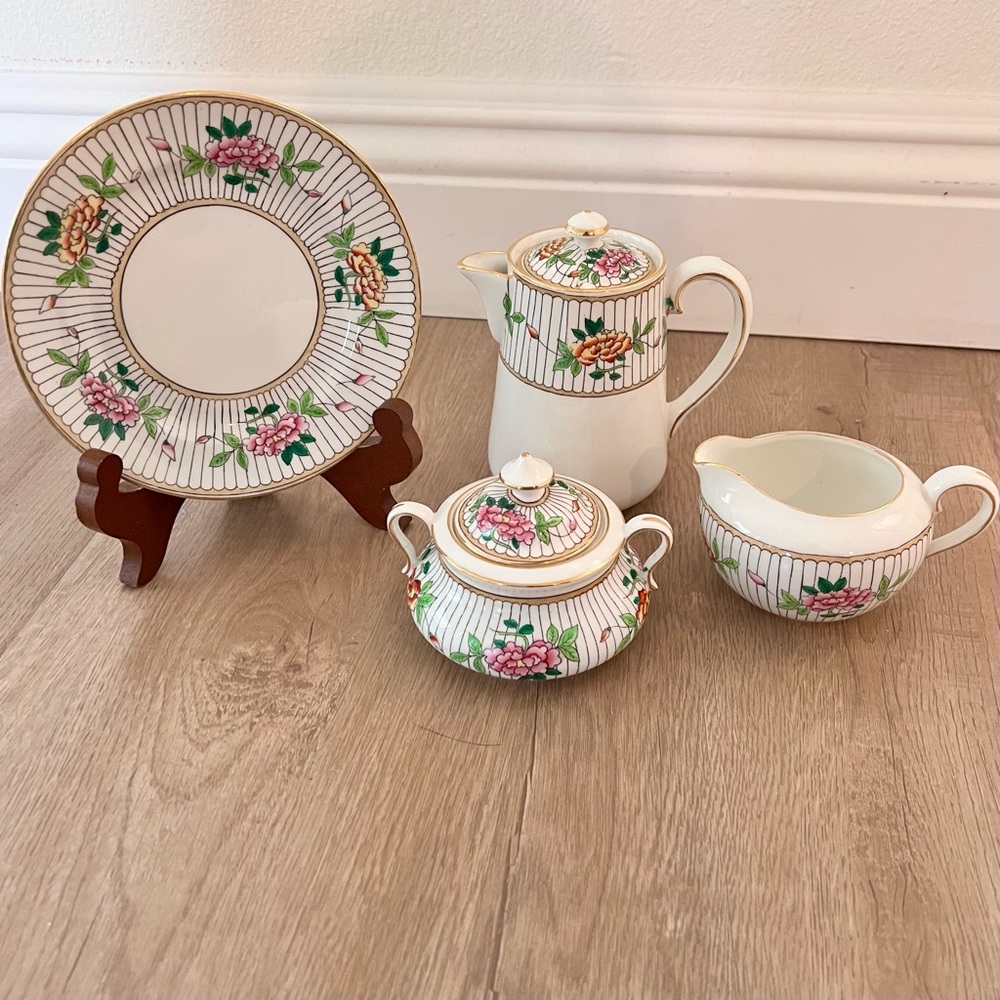 RARE 1920 Paragon Small Size Teapot, Sugar Bowl, Creamer, Plate Peony Antique